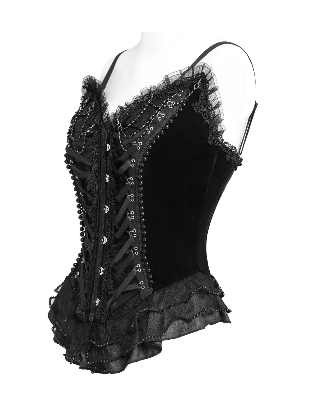 US SALE of Bold Lace-Up Corset with Ruffle Trim and Satin Straps
