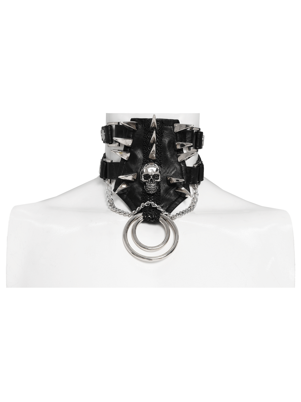 Bold Leather Choker with Spikes Accent and Metal Rings
