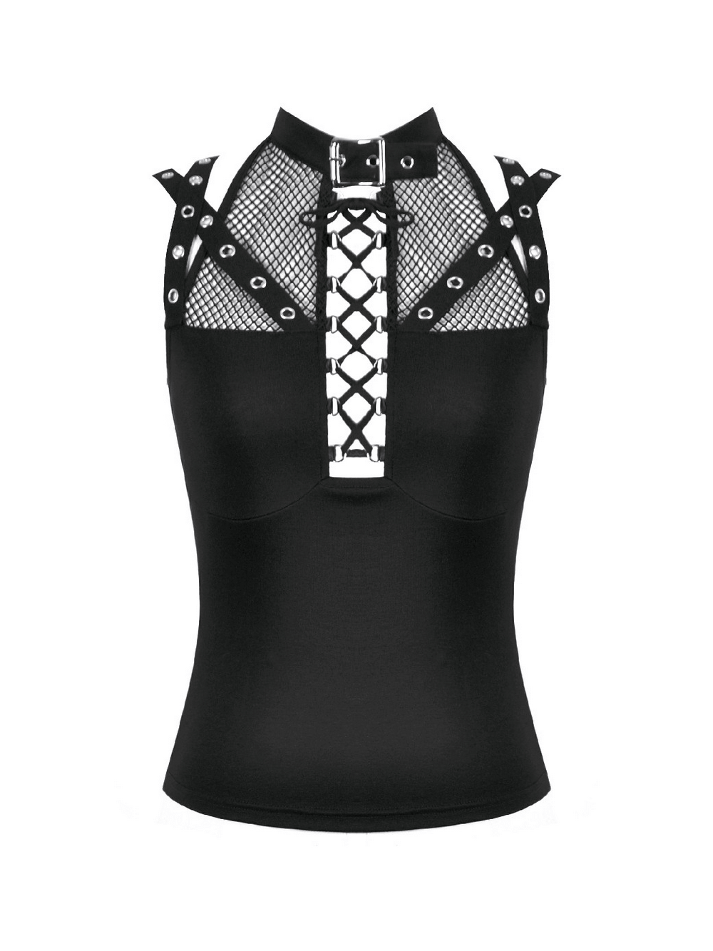 Bold Mesh and Strappy Halter Neck Top with Buckle Detail