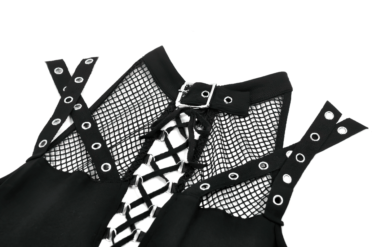 Bold Mesh and Strappy Halter Neck Top with Buckle Detail