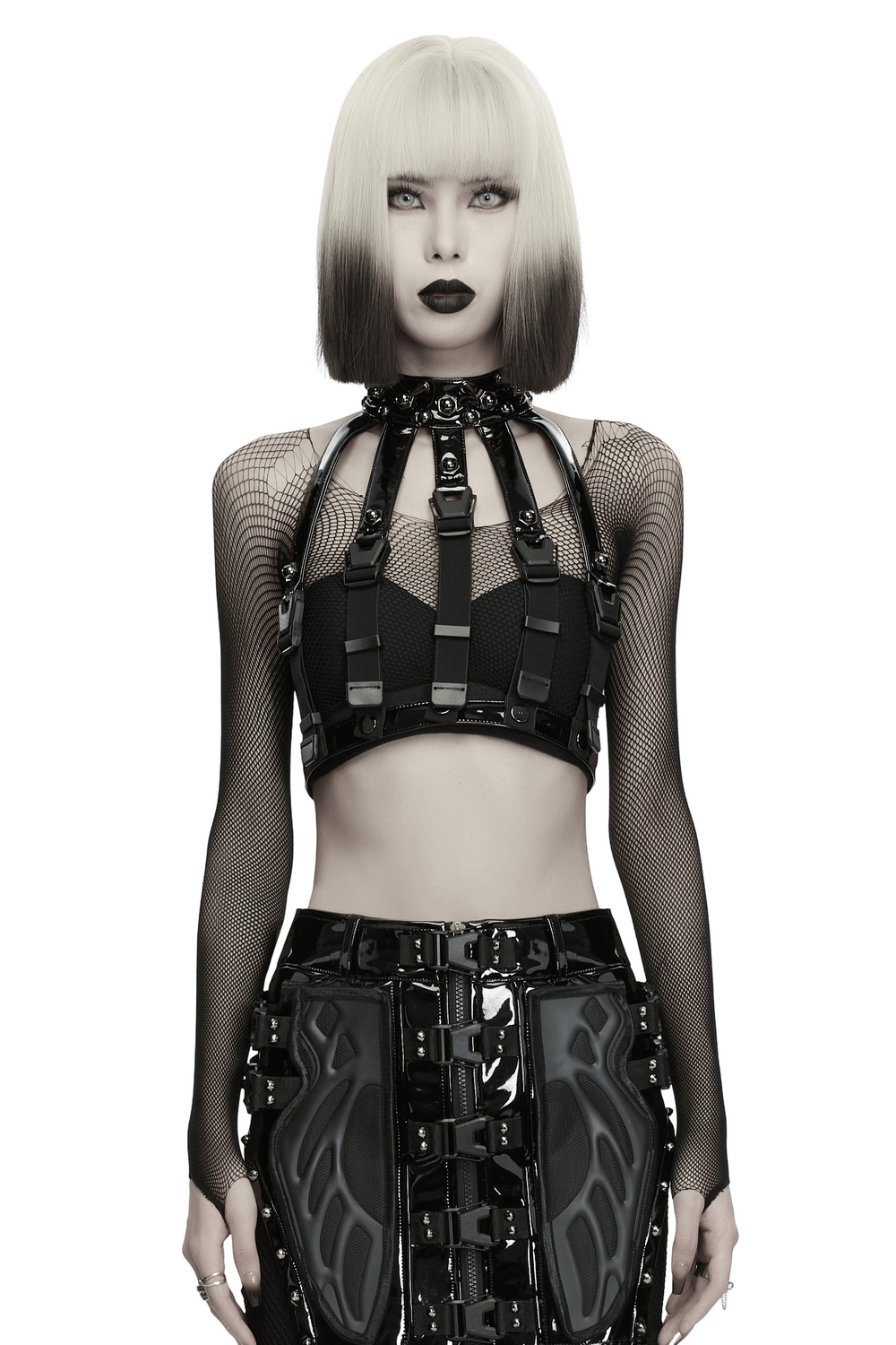 Bold Punk Patent Leather Harness with Spike Collar
