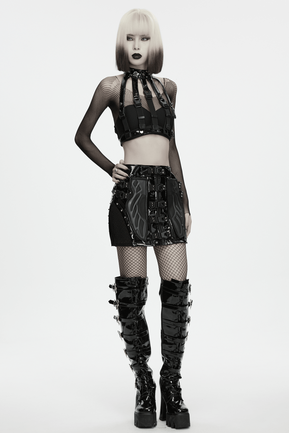 Bold Punk Patent Leather Harness with Spike Collar