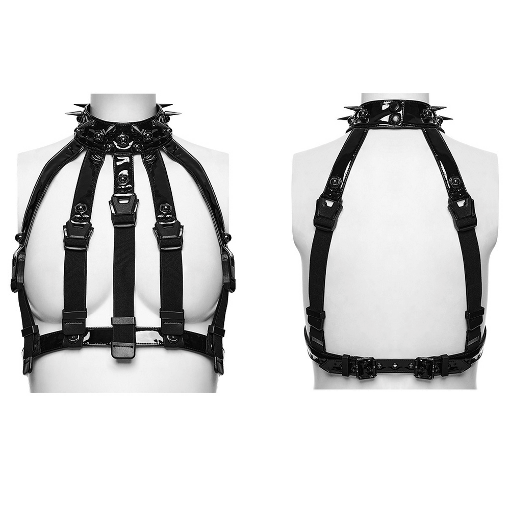 Bold Punk Patent Leather Harness with Spike Collar