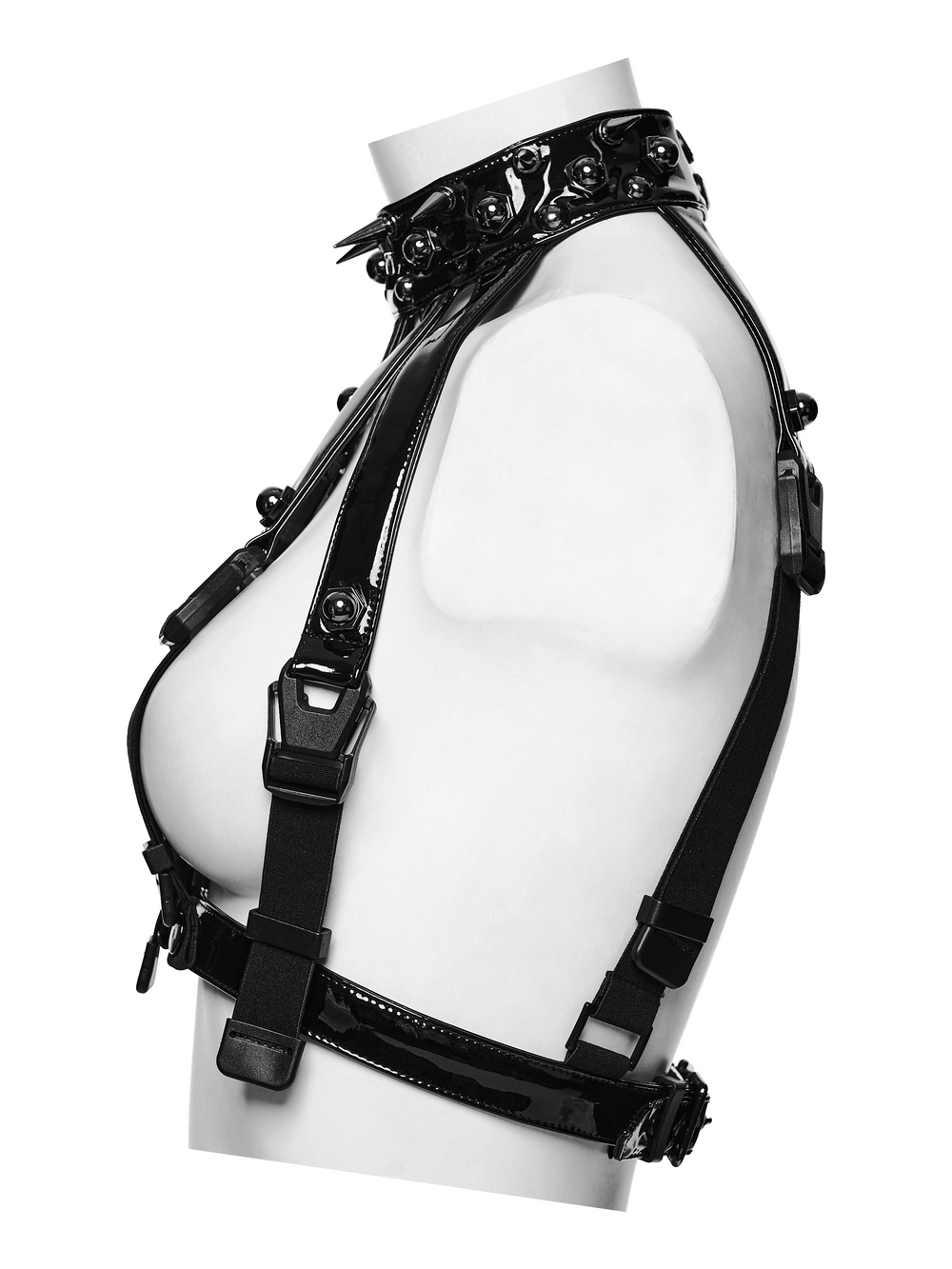 Bold Punk Patent Leather Harness with Spike Collar