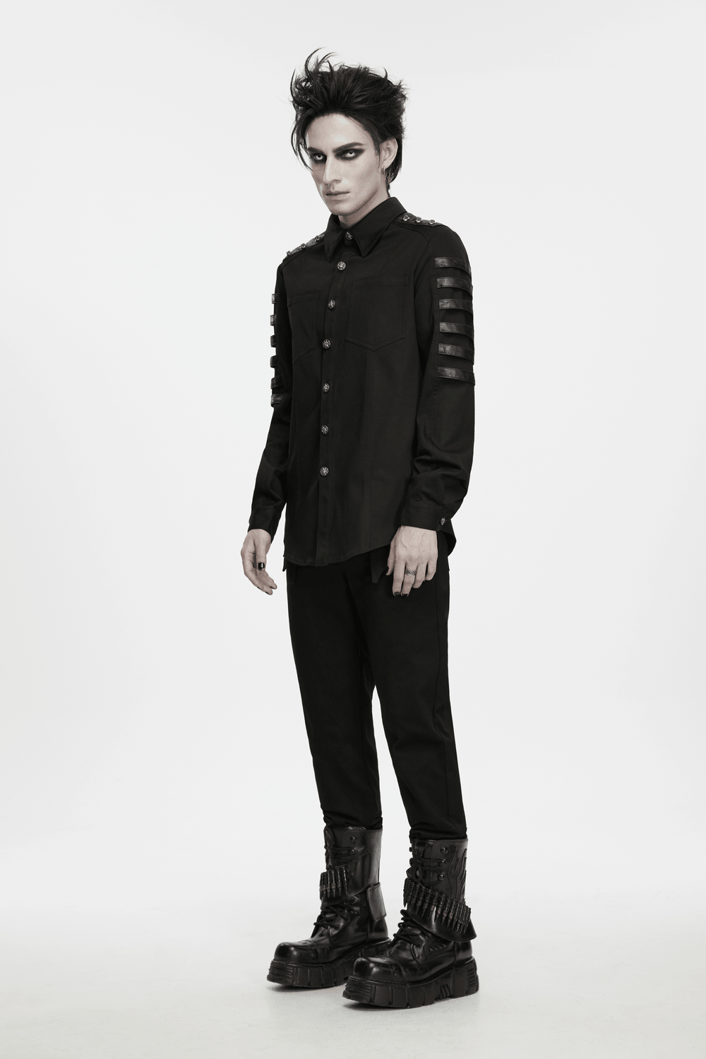 Bold Punk Strap Sleeved Cotton Cargo Shirt for Men