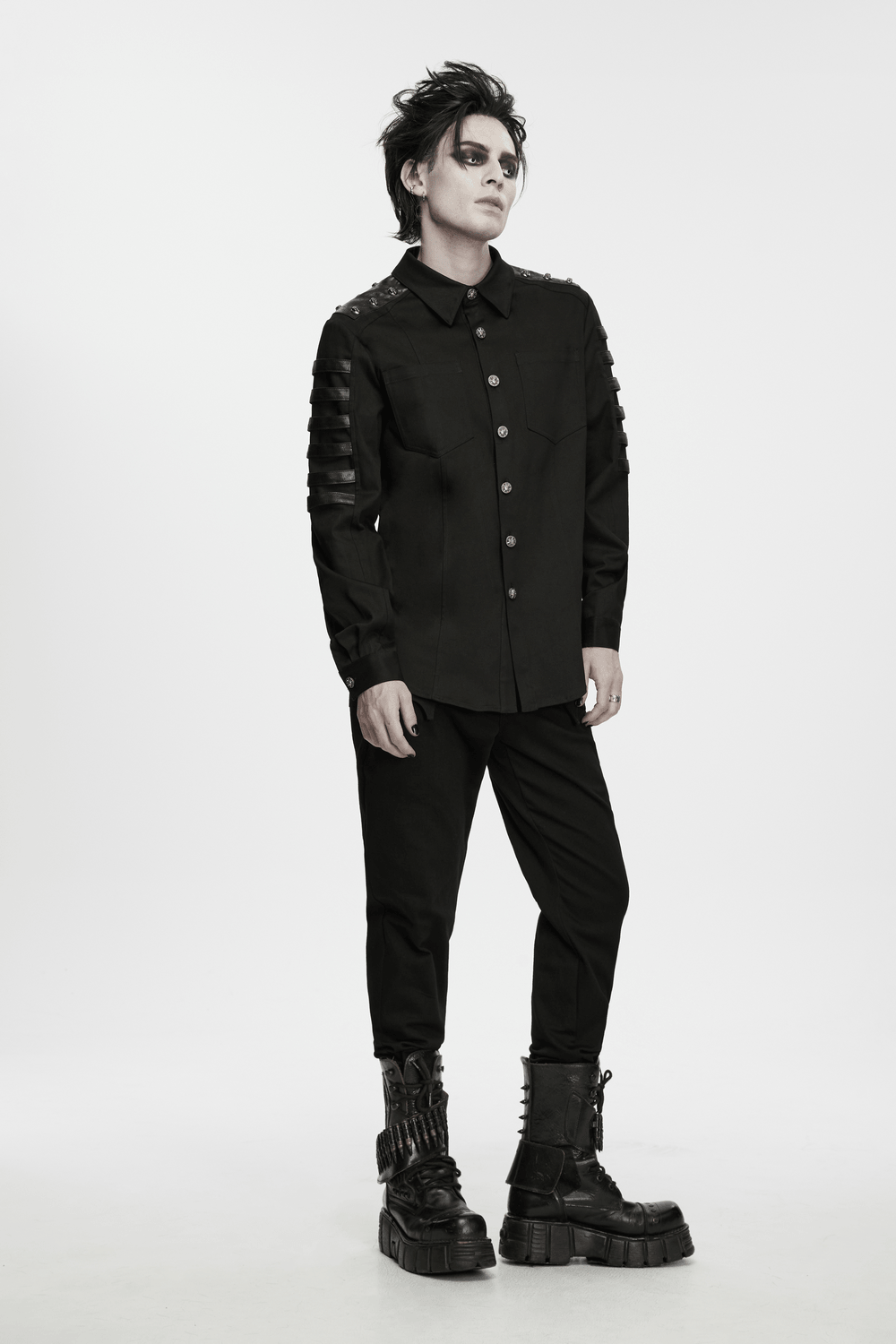 Bold Punk Strap Sleeved Cotton Cargo Shirt for Men