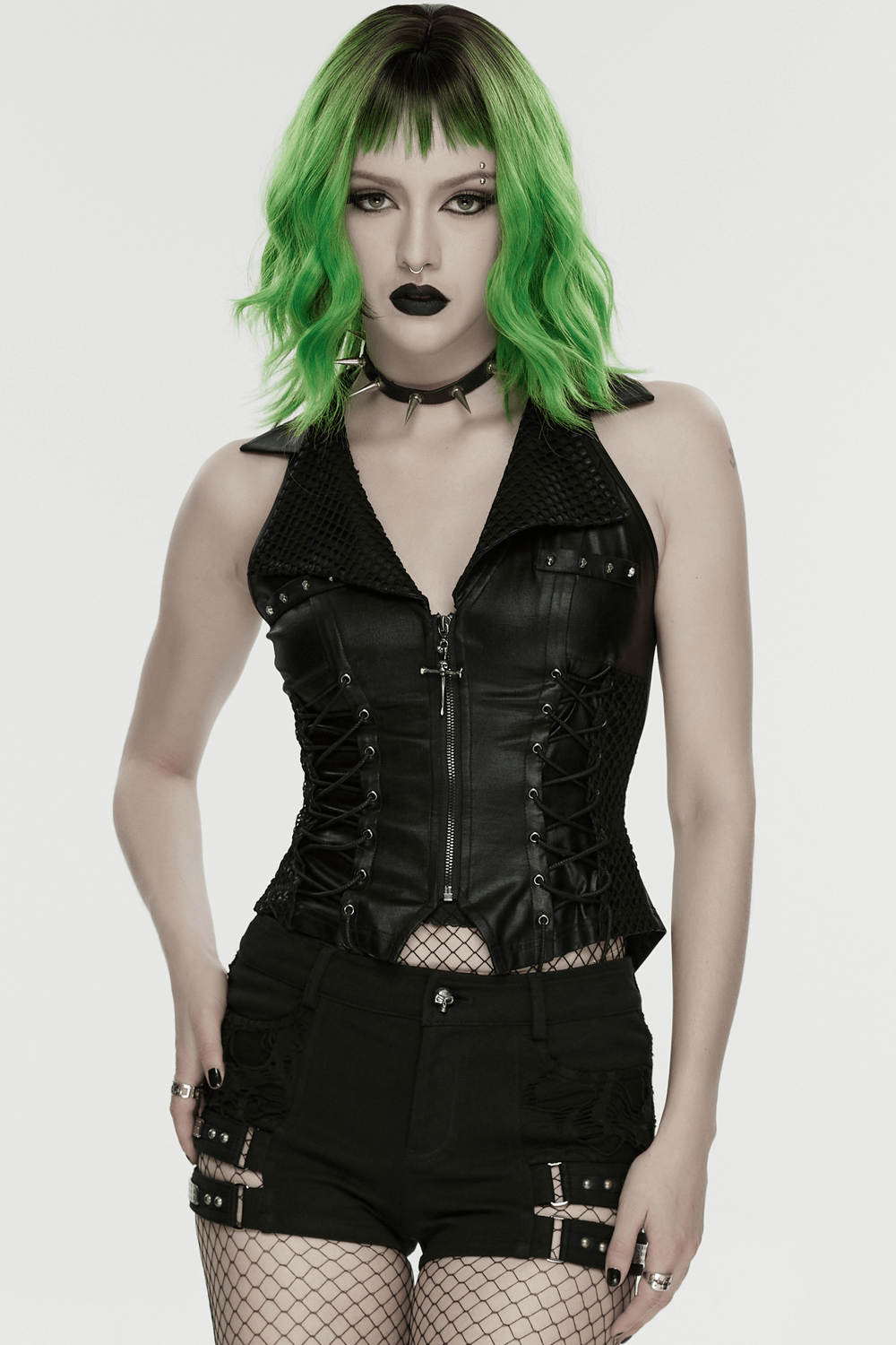 Bold Punk Vest with Cross Pendant and Adjustable Drawstrings