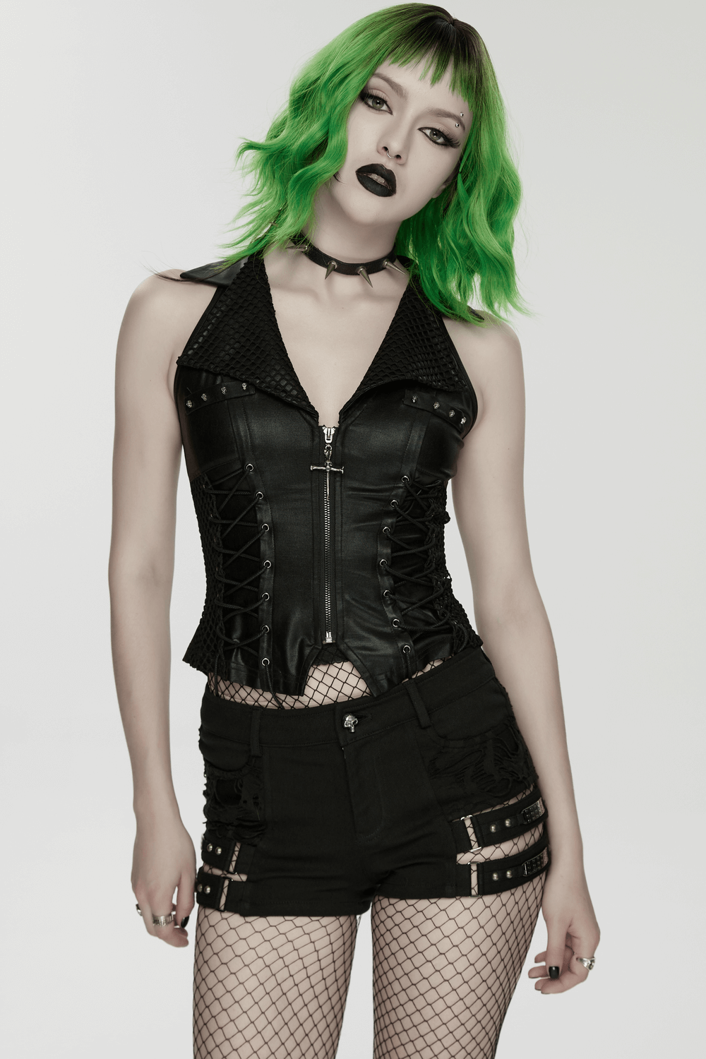 Bold Punk Vest with Cross Pendant and Adjustable Drawstrings