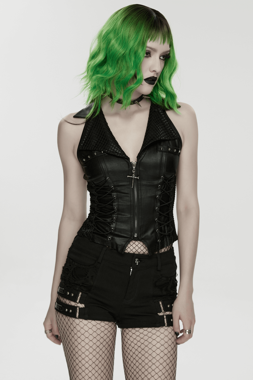 Bold Punk Vest with Cross Pendant and Adjustable Drawstrings