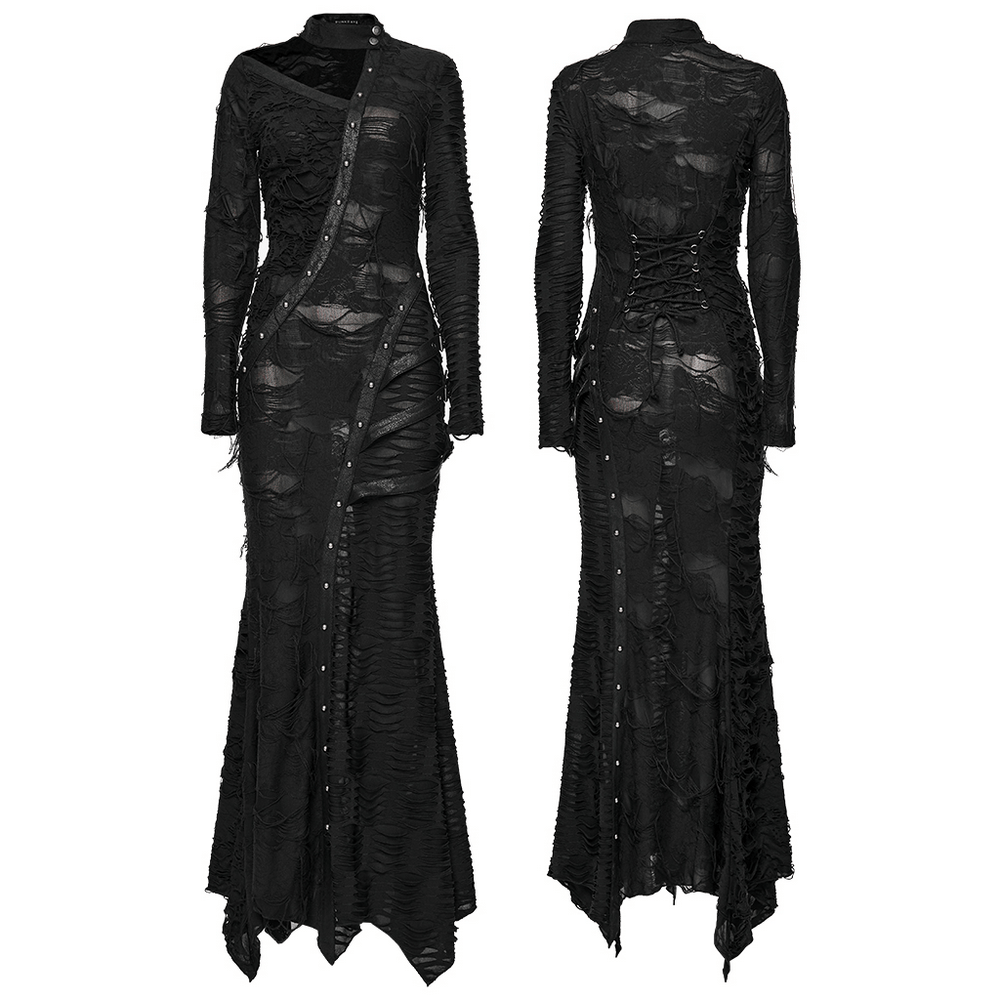 Bold Ragged Knit and Leather Long Asymmetric Dress