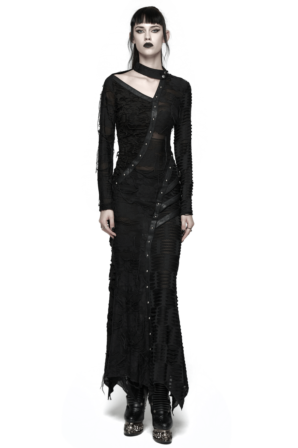 Bold Ragged Knit and Leather Long Asymmetric Dress