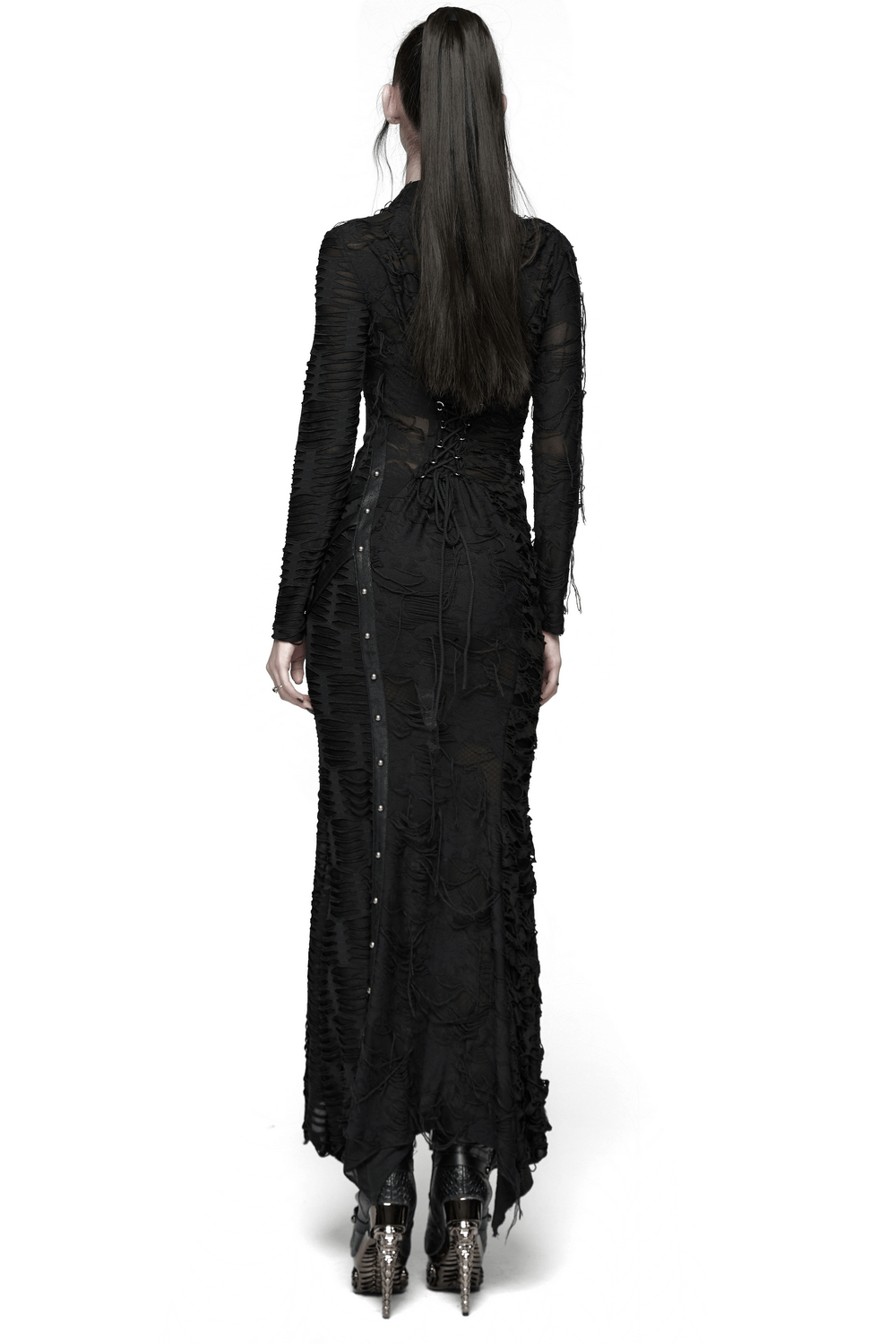 Bold Ragged Knit and Leather Long Asymmetric Dress