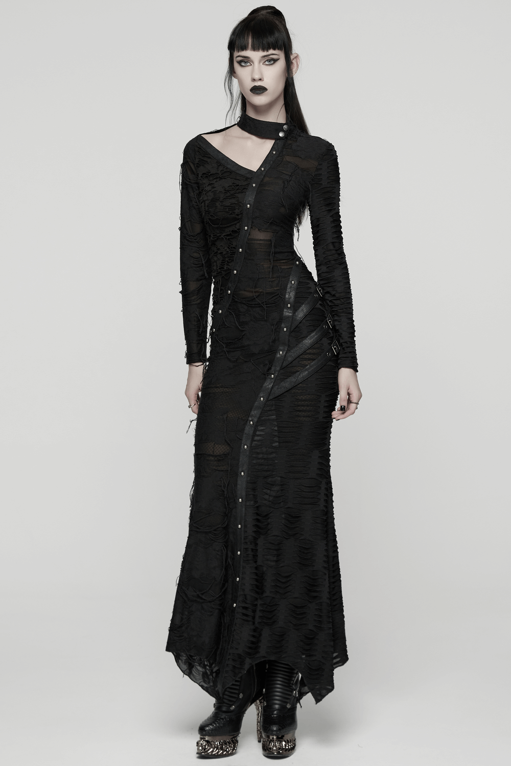 Bold Ragged Knit and Leather Long Asymmetric Dress