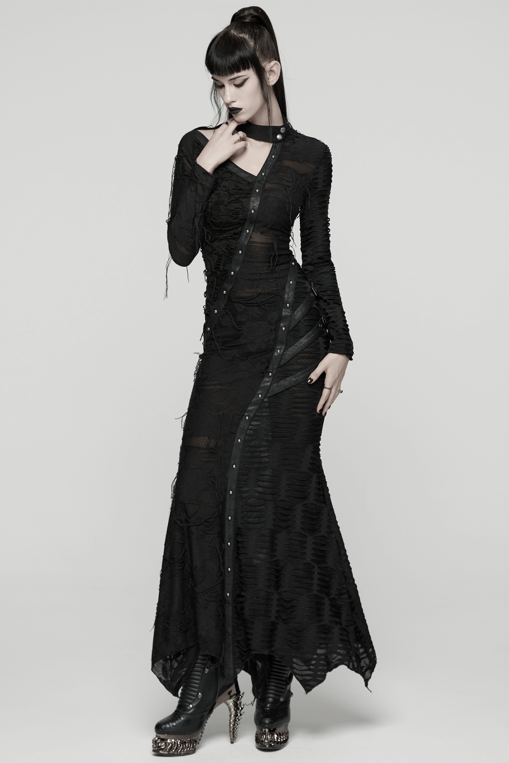 Bold Ragged Knit and Leather Long Asymmetric Dress