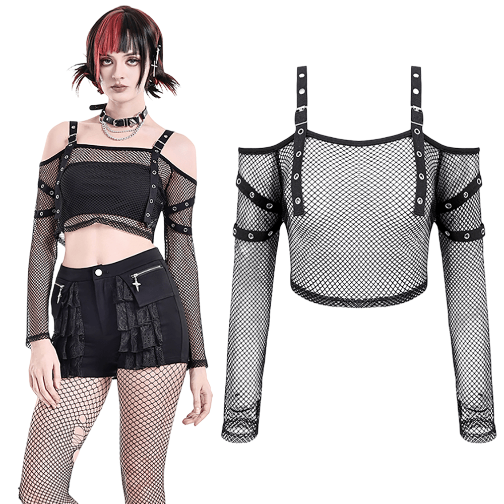 Bold Women's Fishnet Crop Top with Studded Strap Details