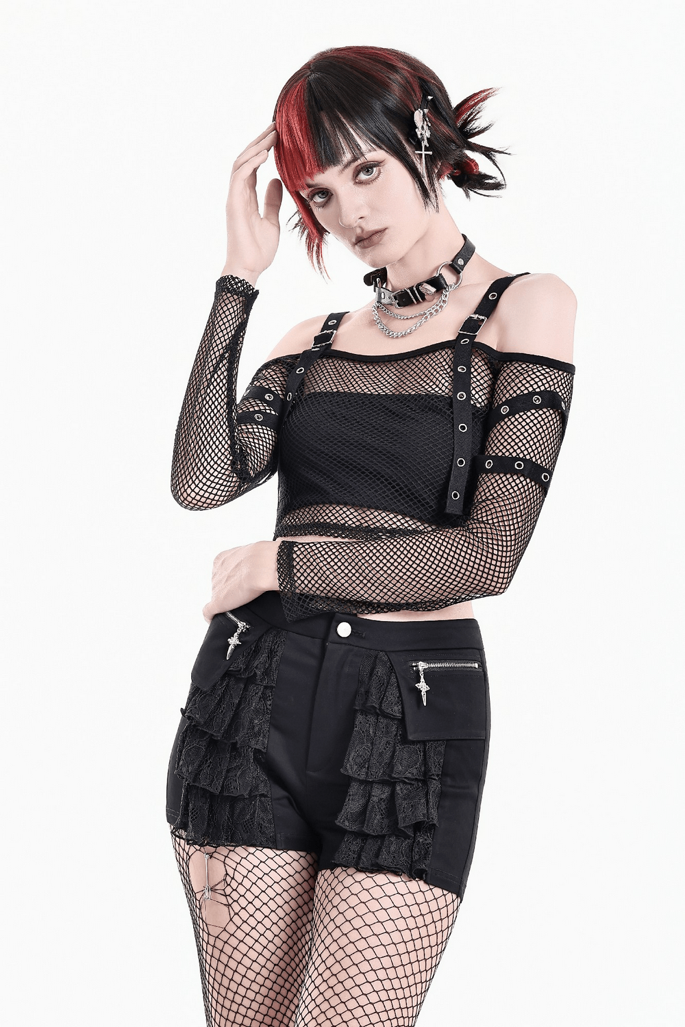 Bold Women's Fishnet Crop Top with Studded Strap Details