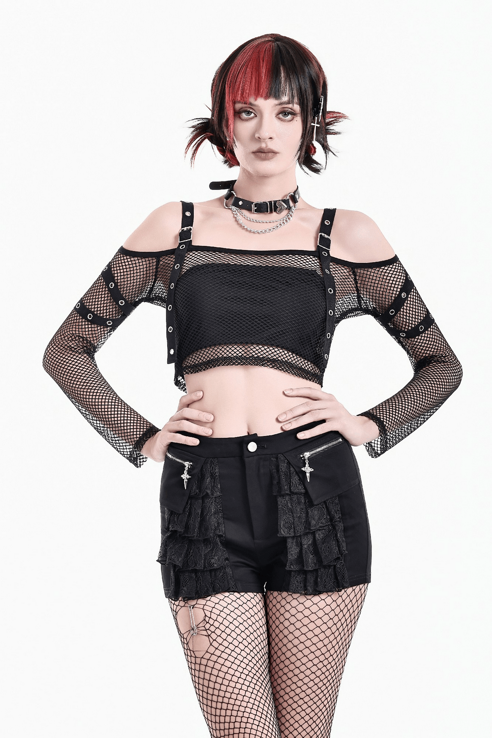 Bold Women's Fishnet Crop Top with Studded Strap Details