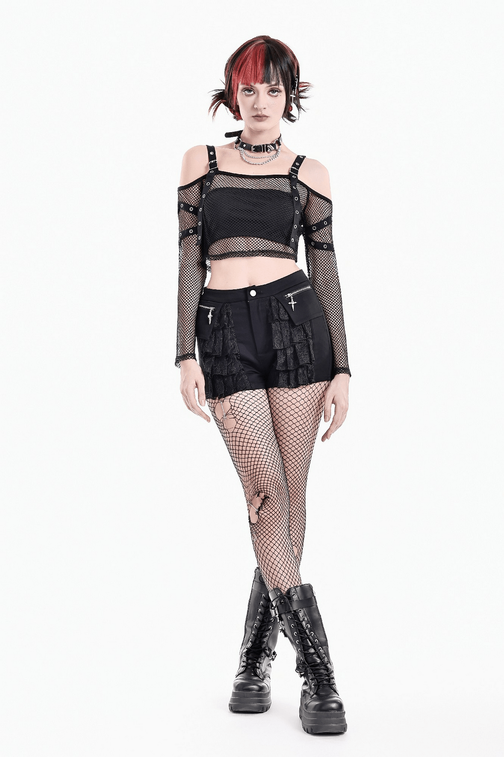 Bold Women's Fishnet Crop Top with Studded Strap Details