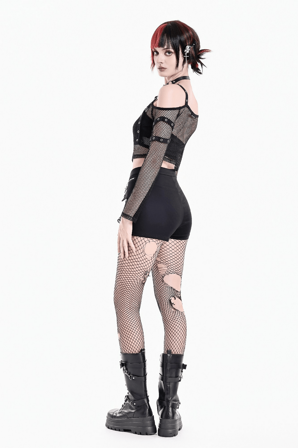 Bold Women's Fishnet Crop Top with Studded Strap Details