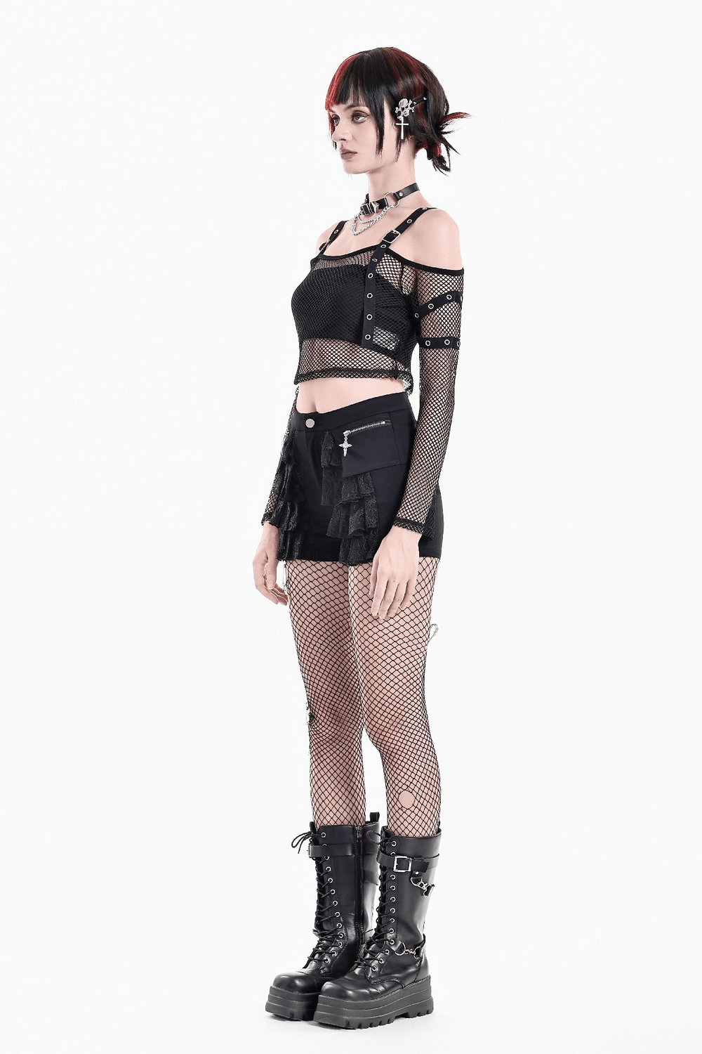 Bold Women's Fishnet Crop Top with Studded Strap Details