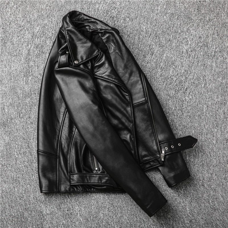 US SALE of Brand Genuine Leather Biker Jacket / Men's Classic Slim Jacket