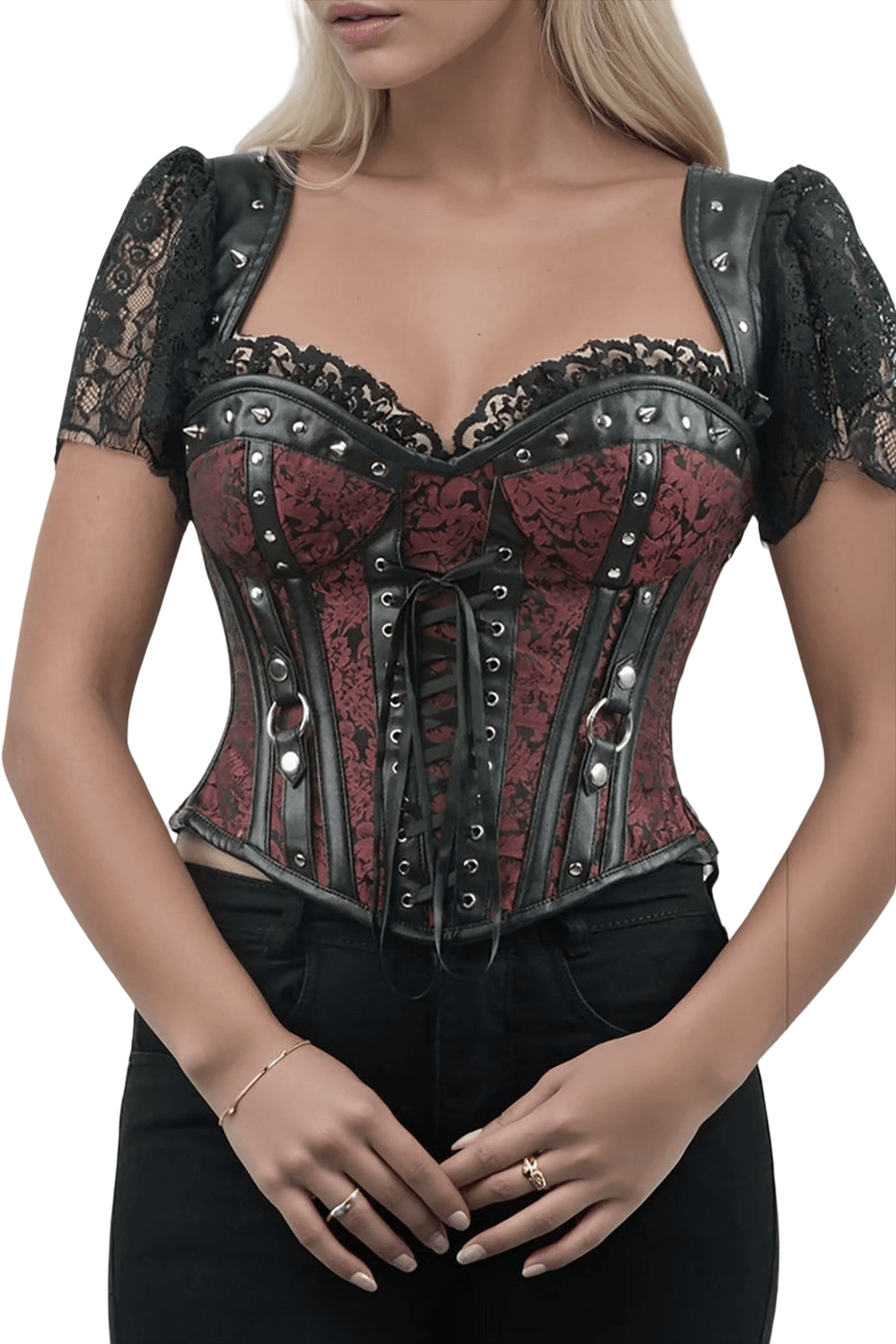 Brocade Overbust Corset with Lace Sleeves and Studs