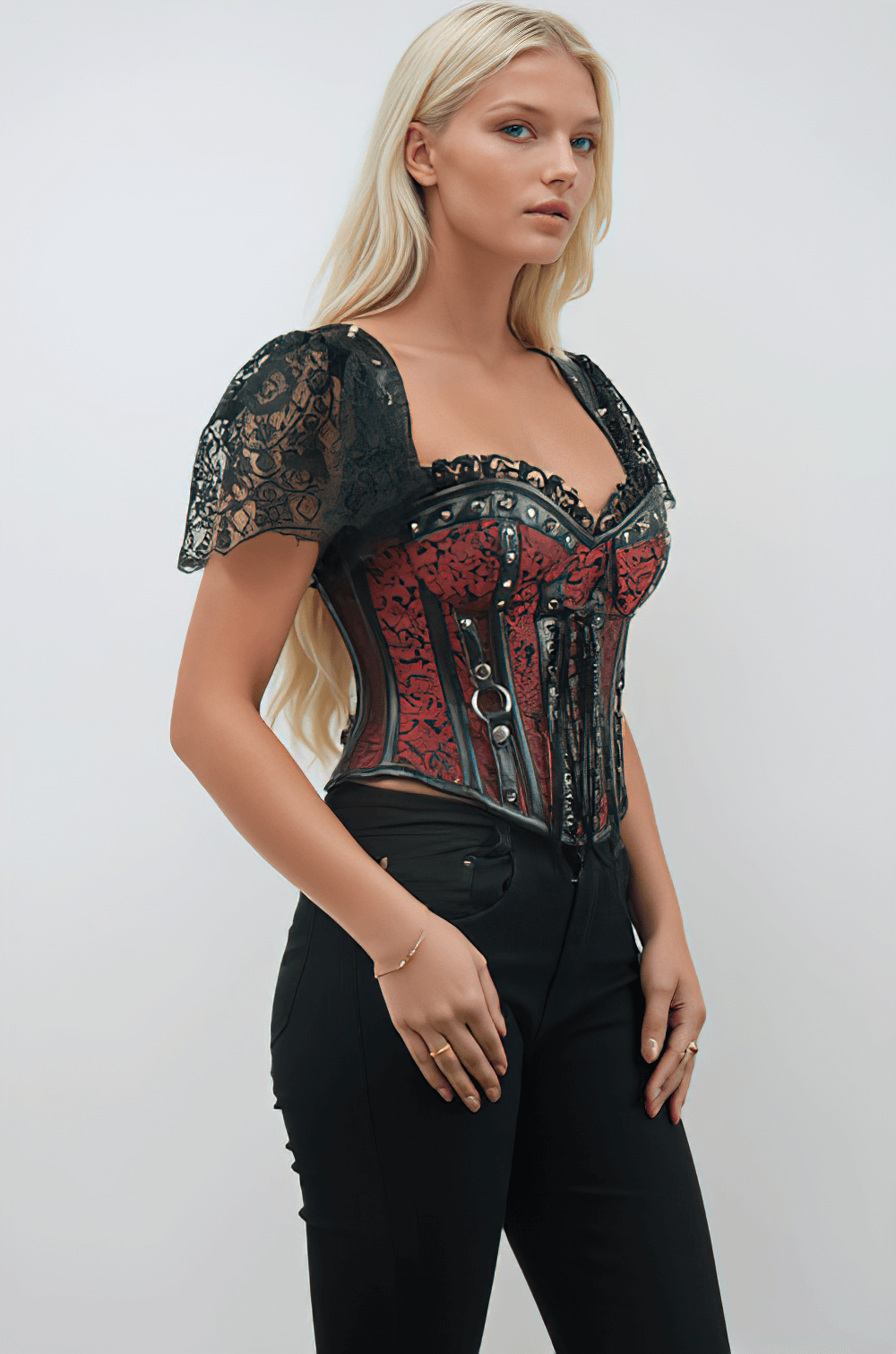 Brocade Overbust Corset with Lace Sleeves and Studs