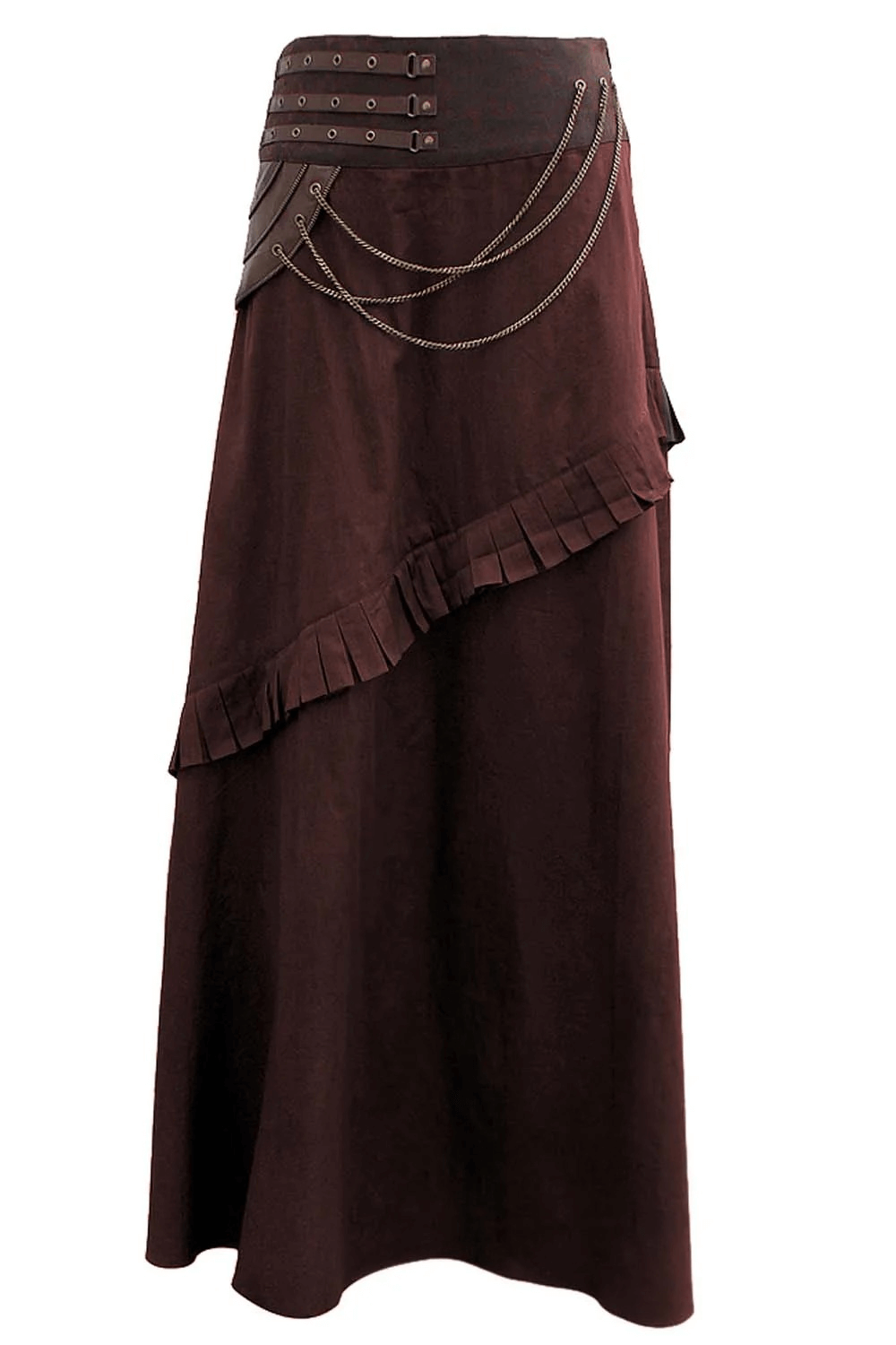 Brown Steampunk A-Line Skirt with Chain and Pleat Detail