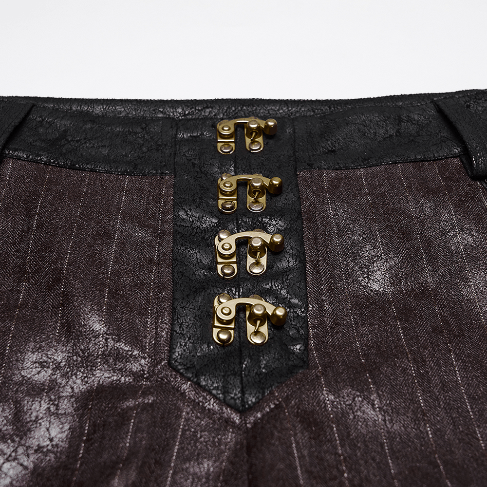 Brown Steampunk Faux Leather Striped Pants with Clasps