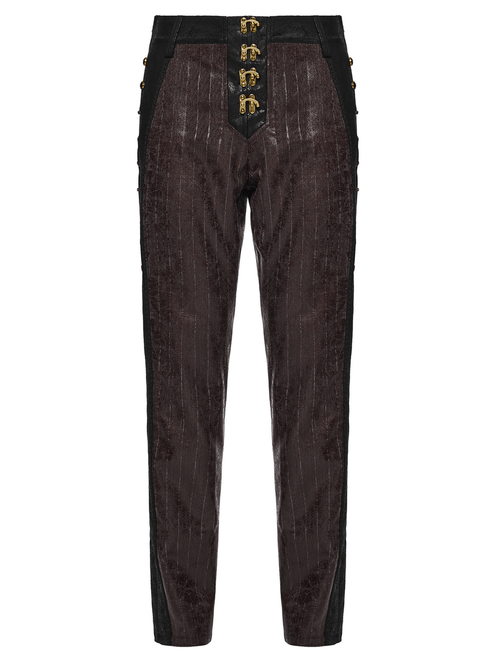 Brown Steampunk Faux Leather Striped Pants with Clasps