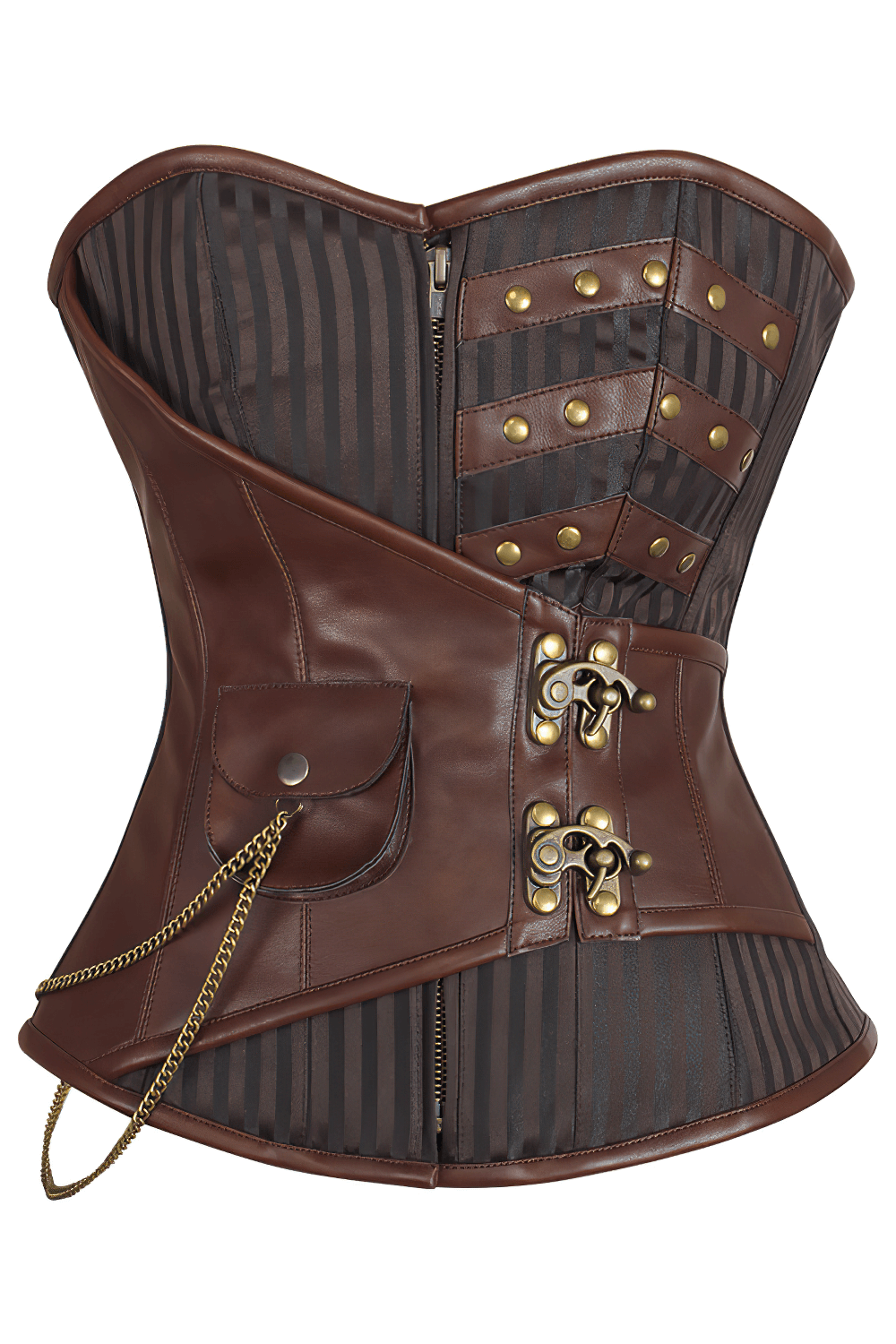 Brown Steampunk Overbust Corset With Chain Pocket