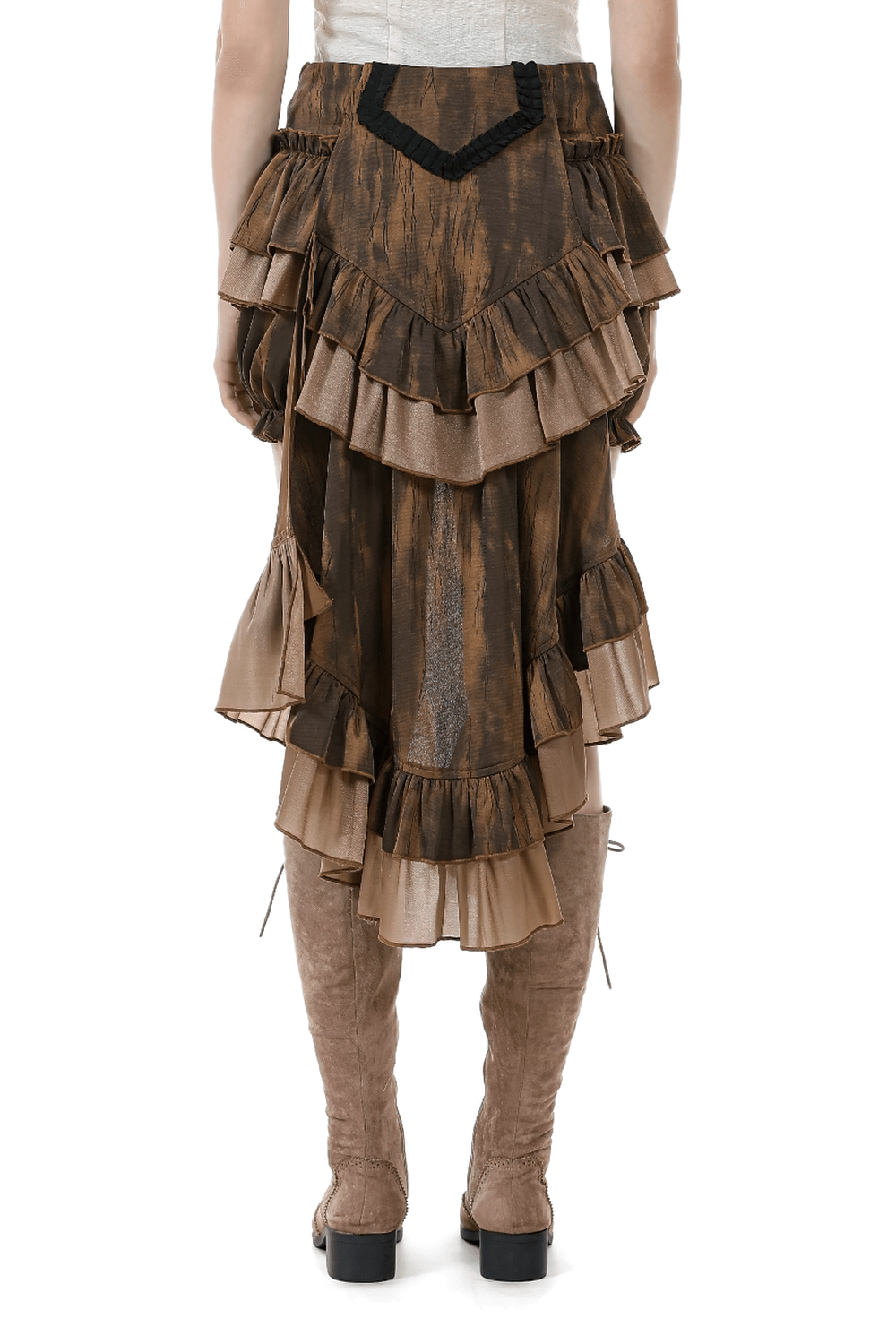 Brown Steampunk Ruffled Skirt Shorts with Long Back Hem