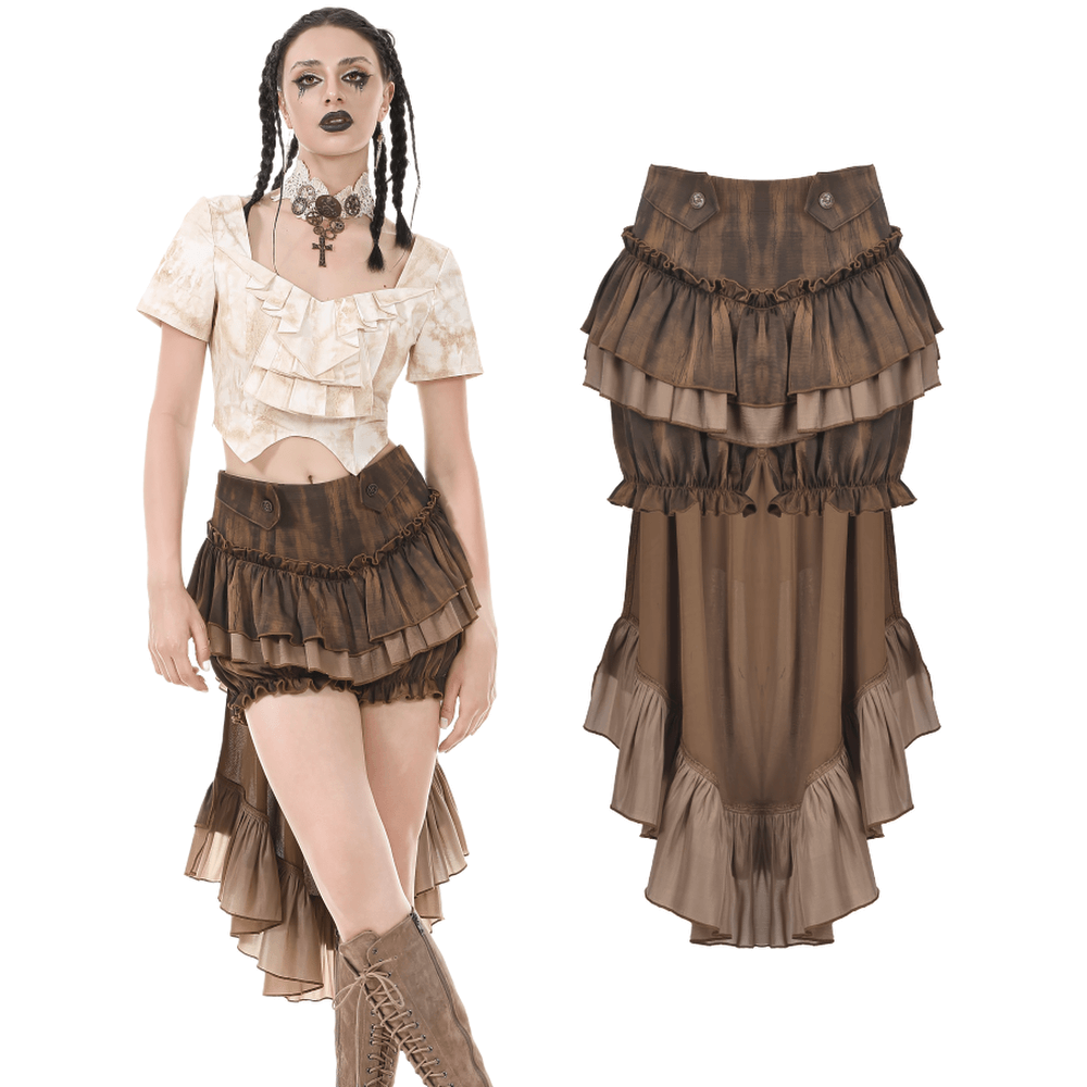 Brown Steampunk Ruffled Skirt Shorts with Long Back Hem