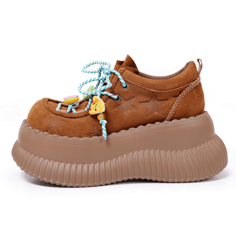 Brown Suede Platform Sneakers With Star Embossing