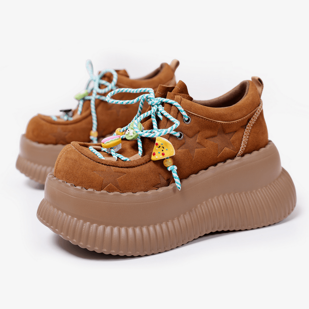 Brown Suede Platform Sneakers With Star Embossing