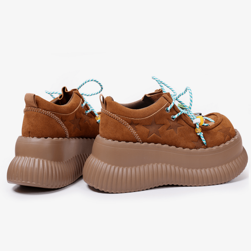 Brown Suede Platform Sneakers With Star Embossing