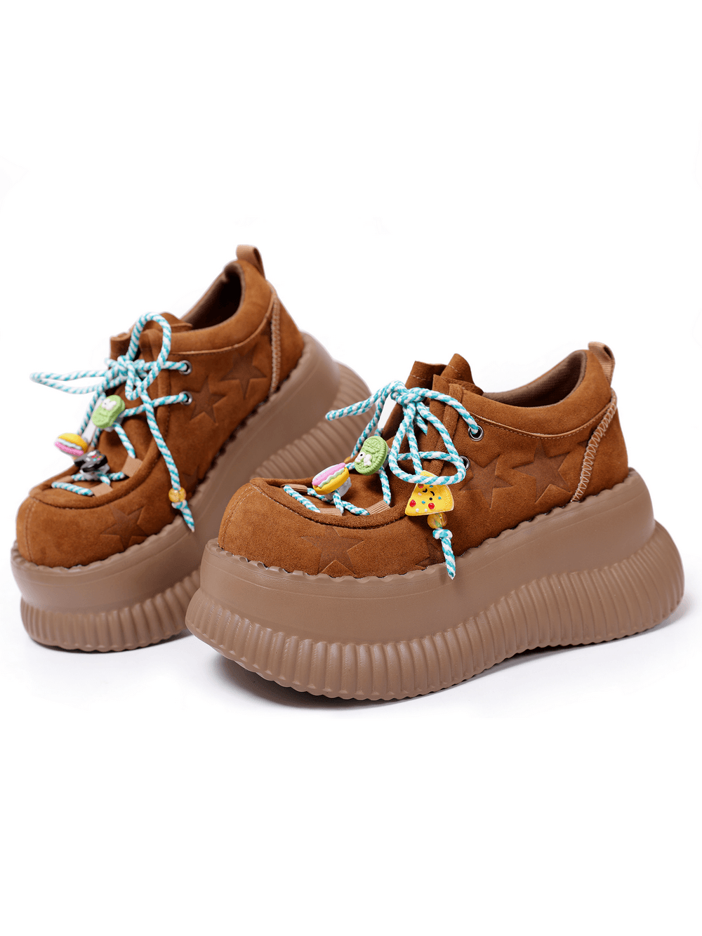 Brown Suede Platform Sneakers With Star Embossing