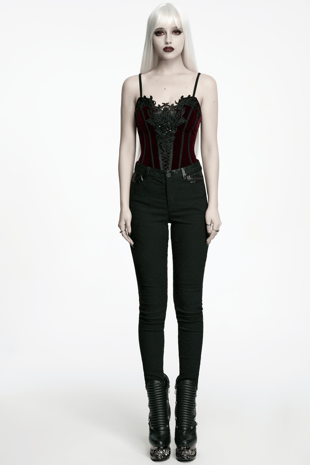 Burgundy Gothic Corset with Black Lace Applique