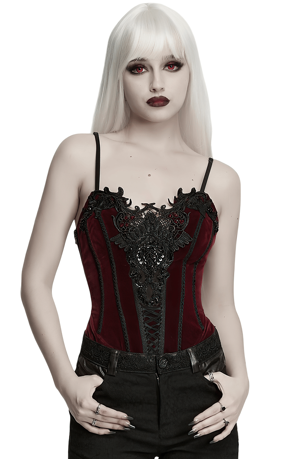 Burgundy Gothic Corset with Black Lace Applique