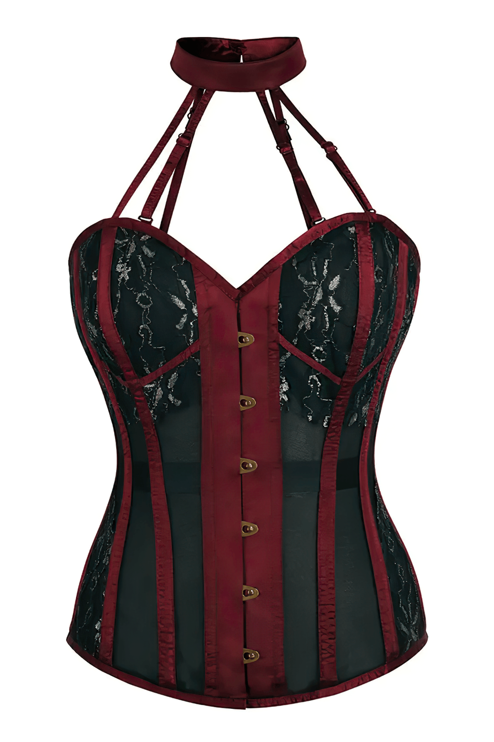 Burgundy Gothic Halter Overbust Corset With Choker