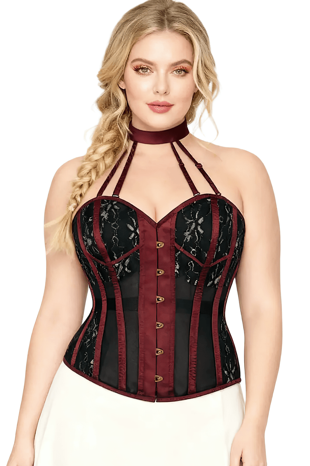 Burgundy Gothic Halter Overbust Corset With Choker