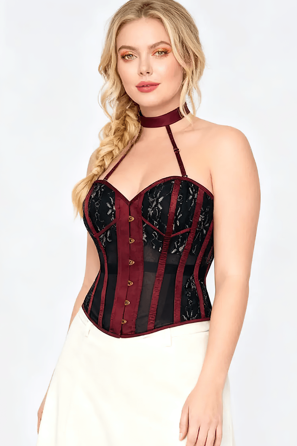 Burgundy Gothic Halter Overbust Corset With Choker
