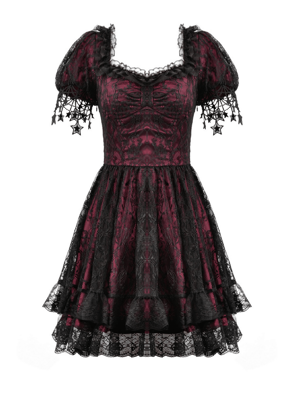 Burgundy Gothic Lace Corset Dress with Star Charm Sleeves