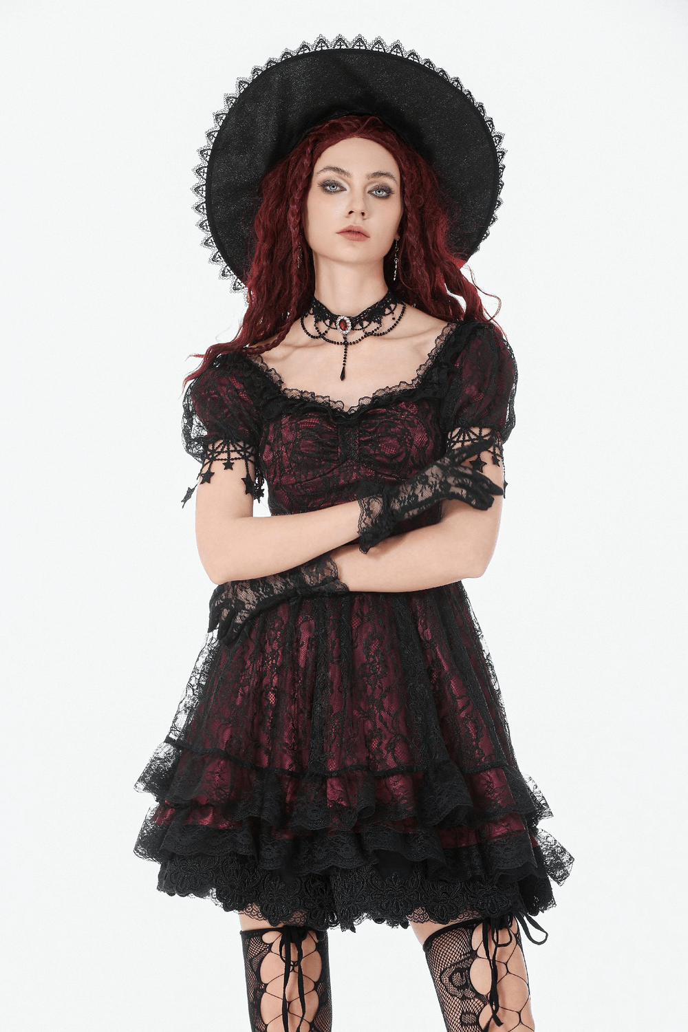 Burgundy Gothic Lace Corset Dress with Star Charm Sleeves