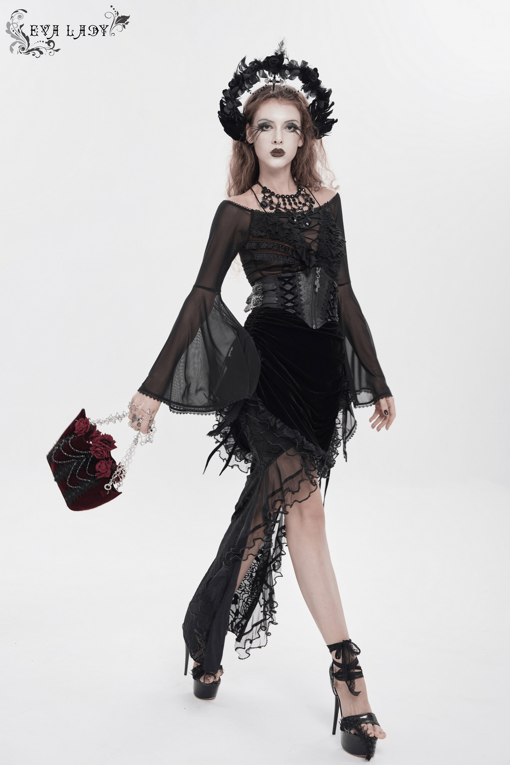 Burgundy Gothic Rose Handbag with Lace and Chains