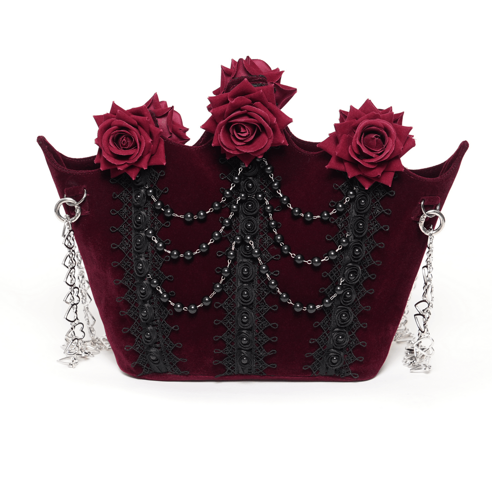 Burgundy Gothic Rose Handbag with Lace and Chains