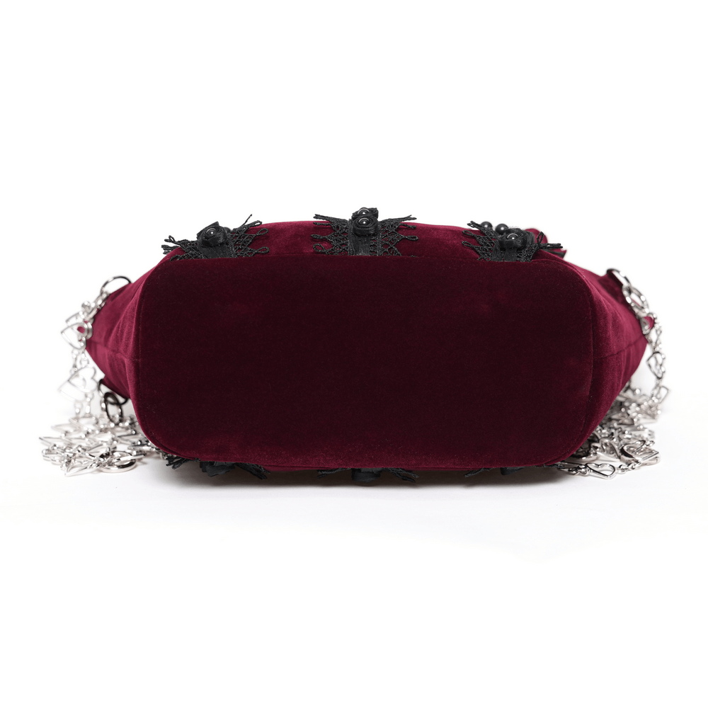Burgundy Gothic Rose Handbag with Lace and Chains