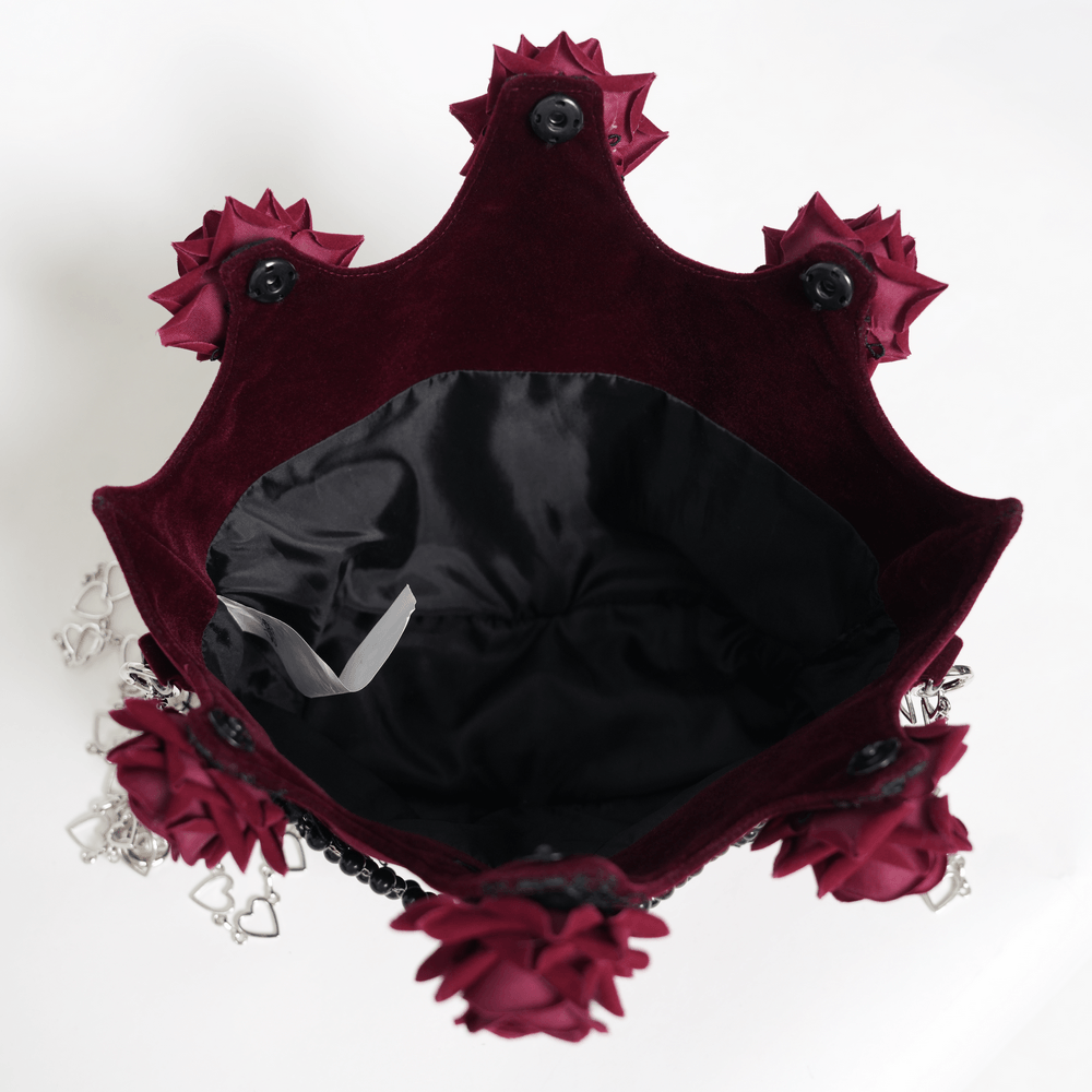 Burgundy Gothic Rose Handbag with Lace and Chains