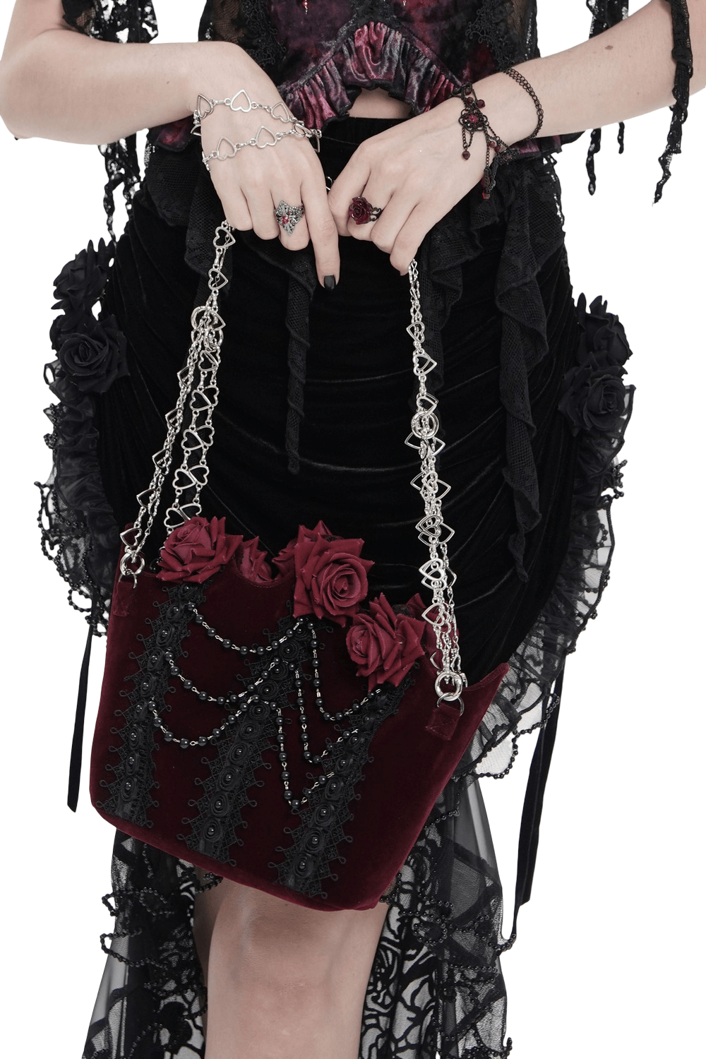 Burgundy Gothic Rose Handbag with Lace and Chains
