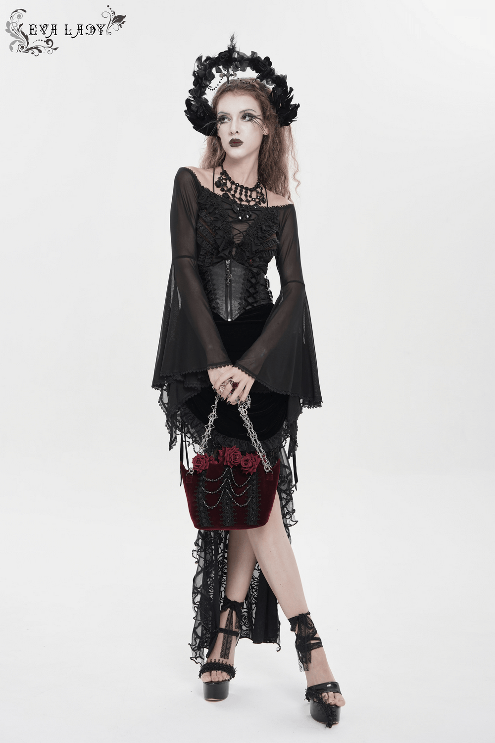 Burgundy Gothic Rose Handbag with Lace and Chains